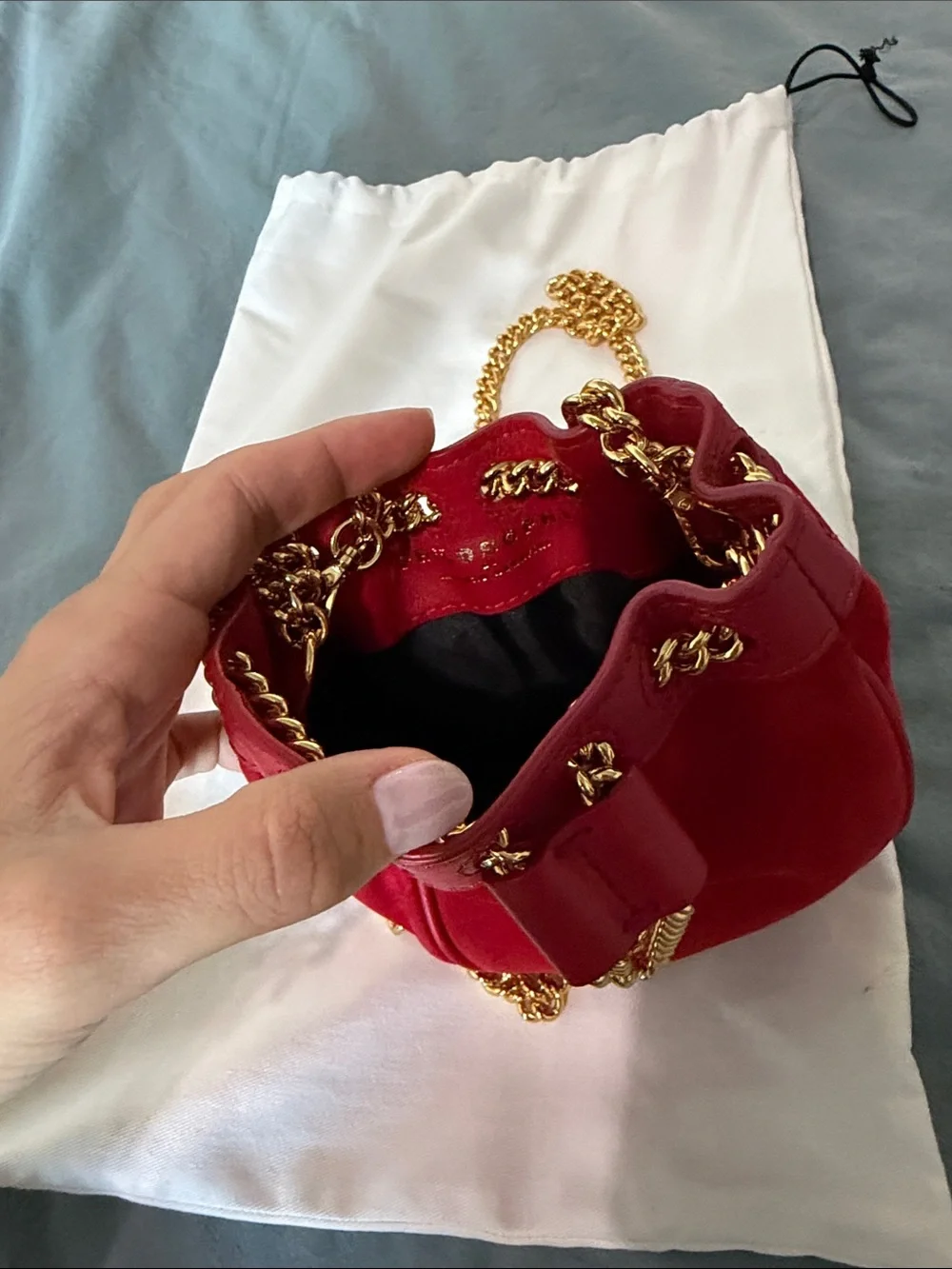 Philosophy di Lorenzo Serafini Red Suede Mini Bucket Bag w Gold Chain / Wristlet